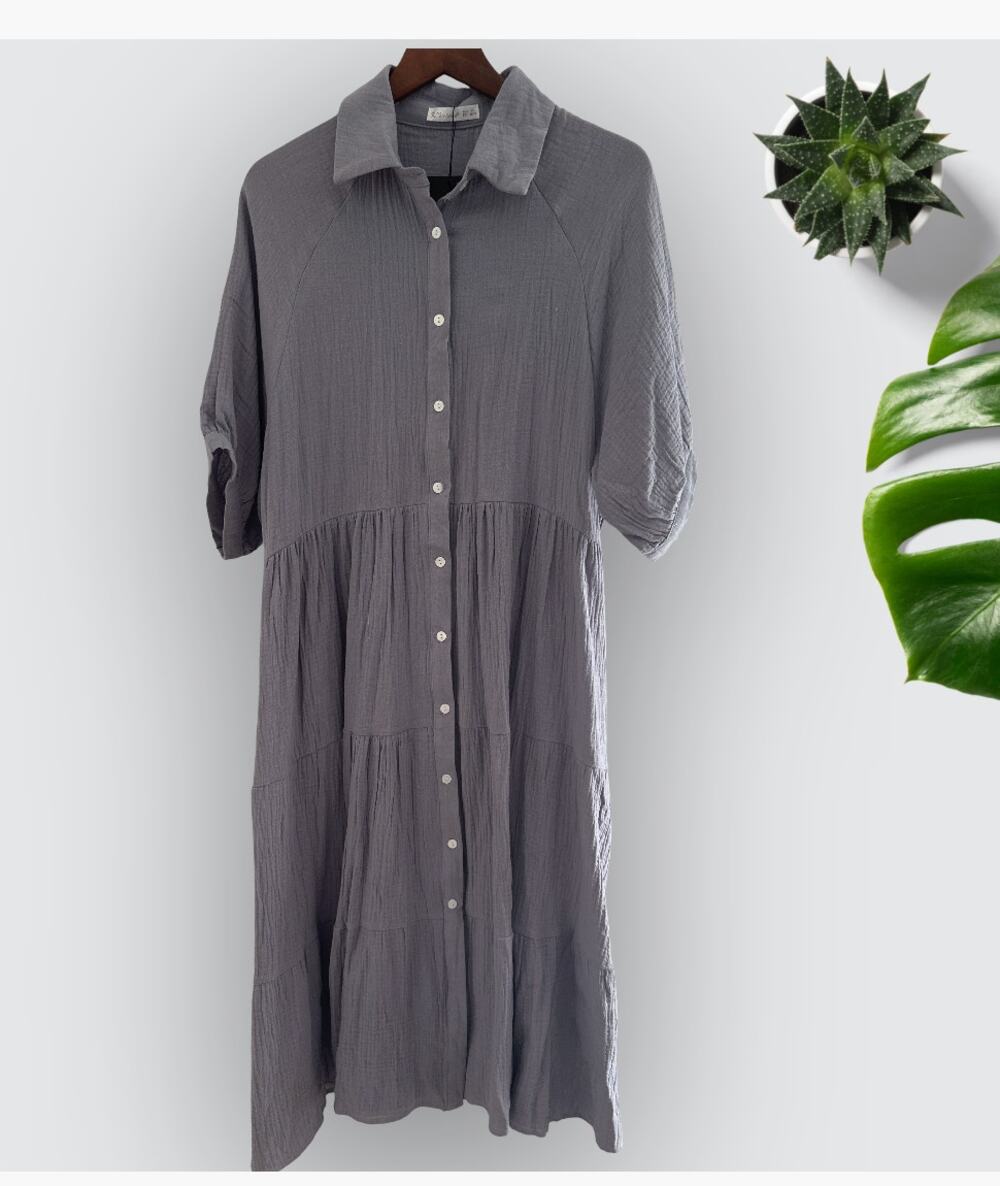 NWT R.Vivimos Women's Linen Button Down Shirt Dress Short Sleeve Gray Size XL